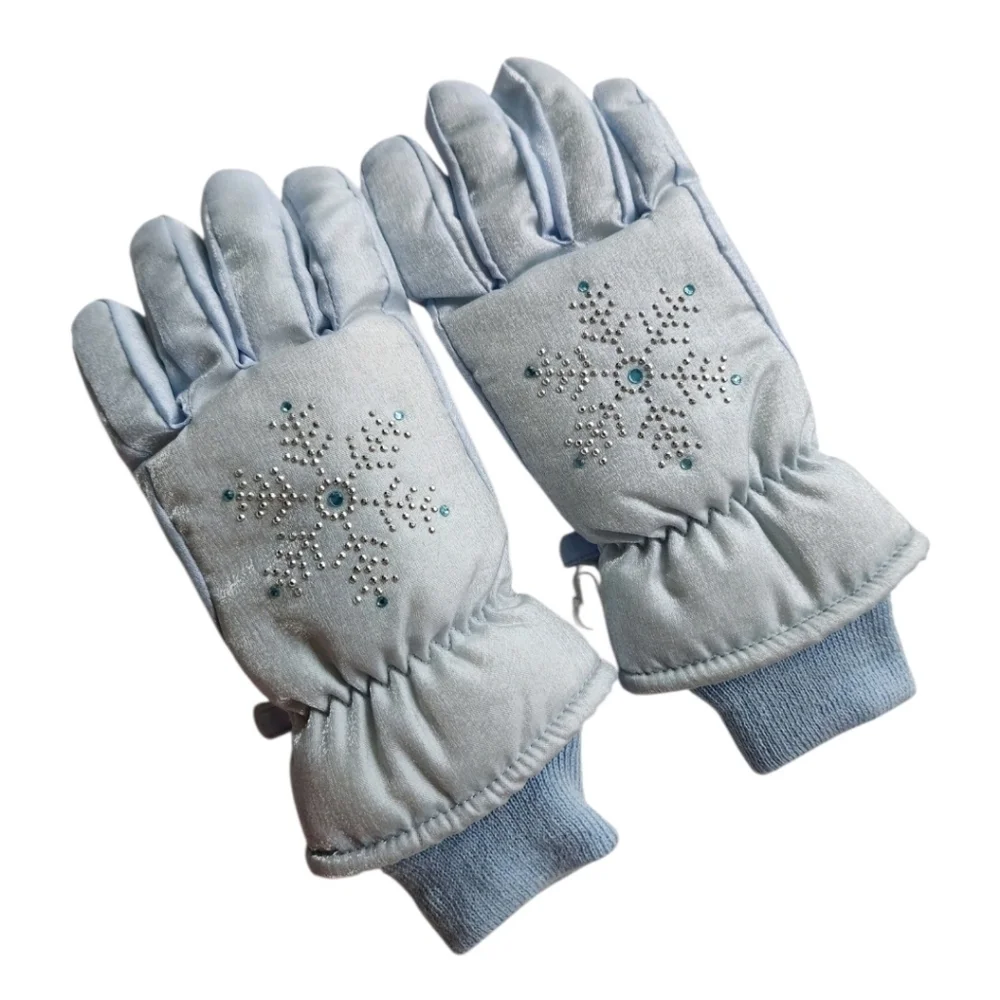 Kids Winter Gloves Blue Snowflake Rhinestone Thinsulate Insulated Youth Size 4–7
